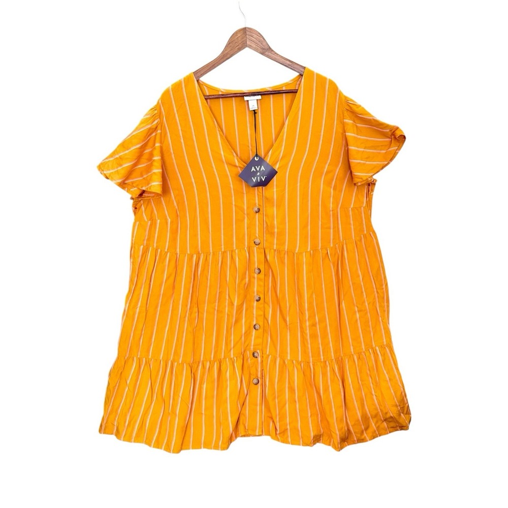 Striped Yellow Dress Short Sleeve Summer Fairy Rayon Boho Casual 2X